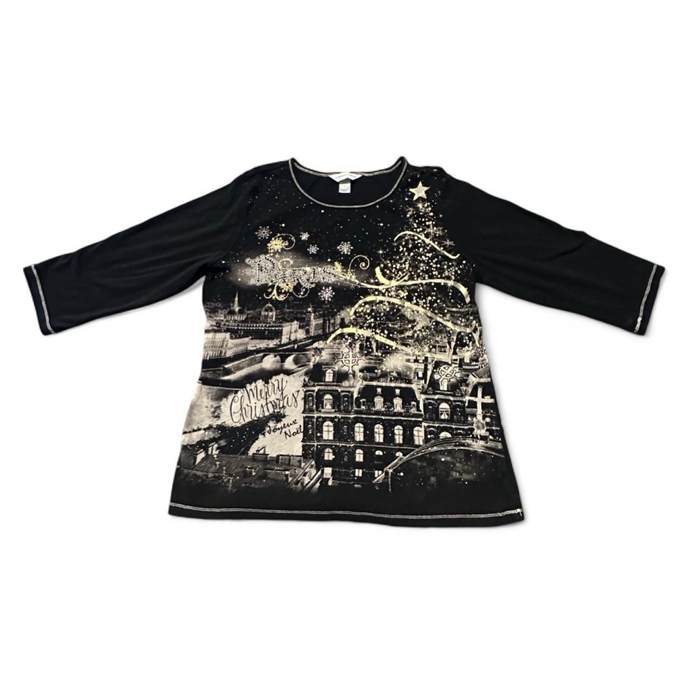 Christopher & Banks Y2K-Style Christmas Top With Parisian Scene, Size Large